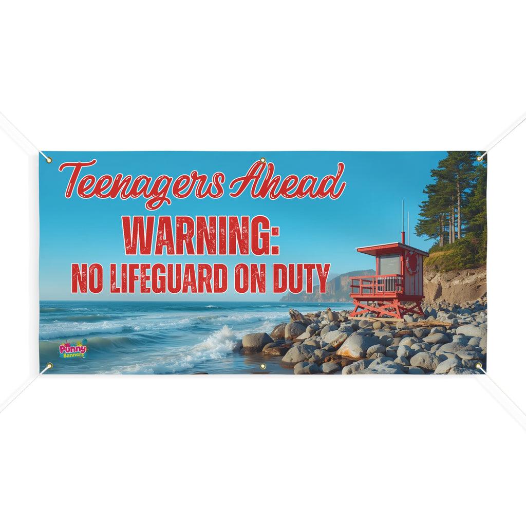 Teenagers Ahead: WARNING: No Lifeguard On Duty" Personalized Beach Sign for Teenager Parties