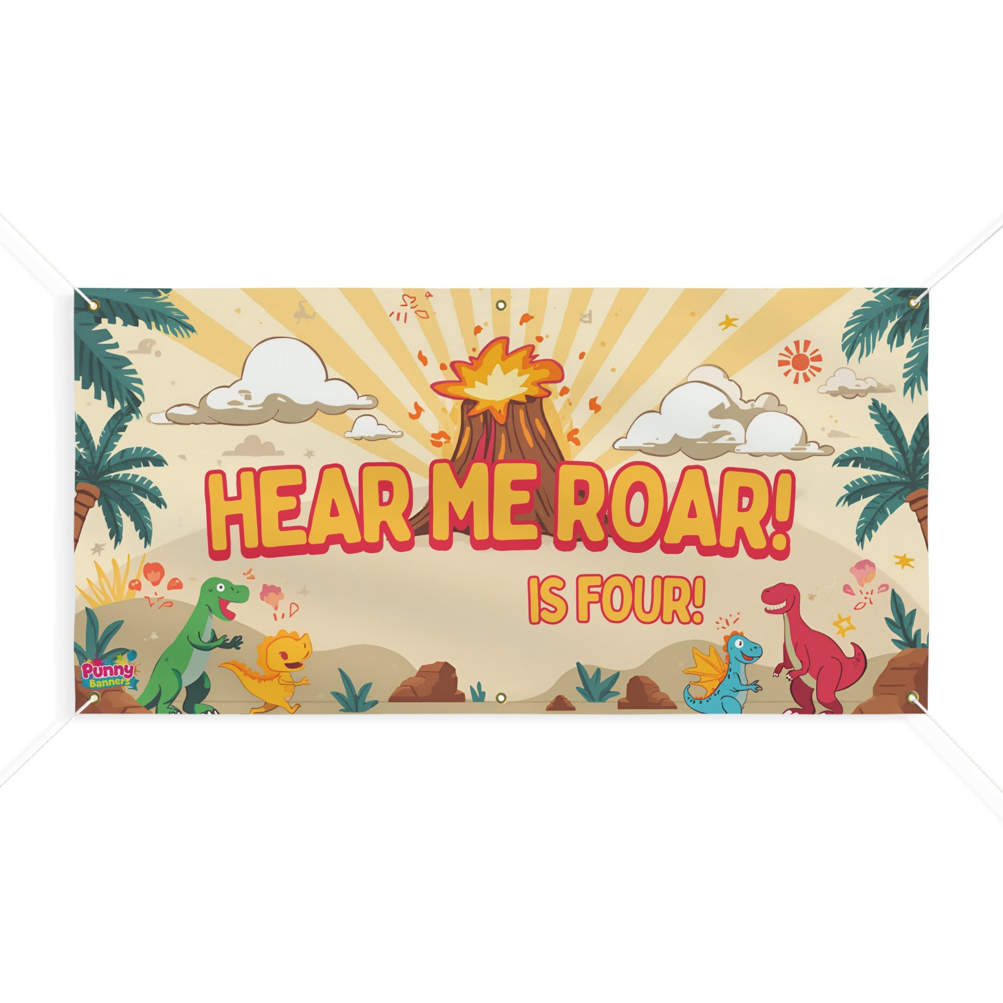 Hear Me Roar! Personalized Is Four! Birthday Banner Dino Volcano Party Decoration