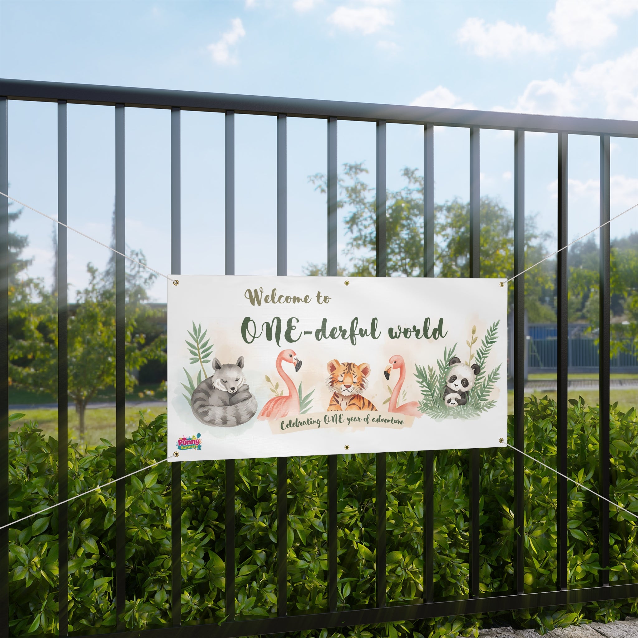 One-derful World First Birthday Banner — Cute Jungle Animal Birthday Sign