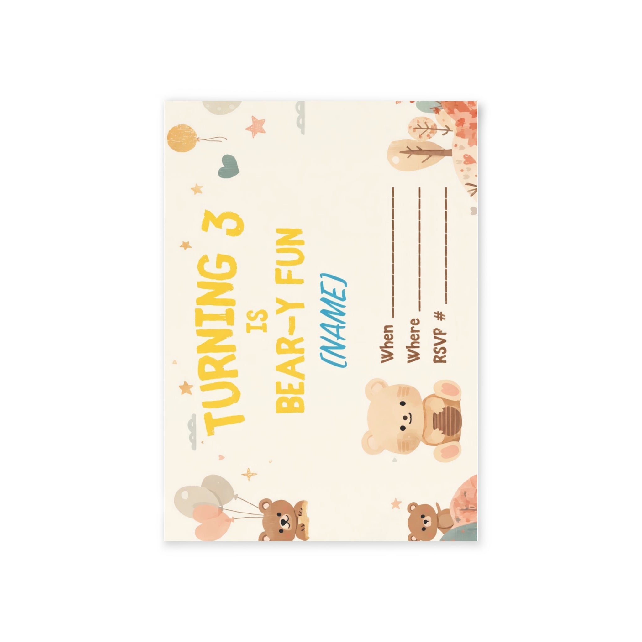 Bear-y Fun Turning 3 Birthday Invitation Card — Personalized Kids Party RSVP