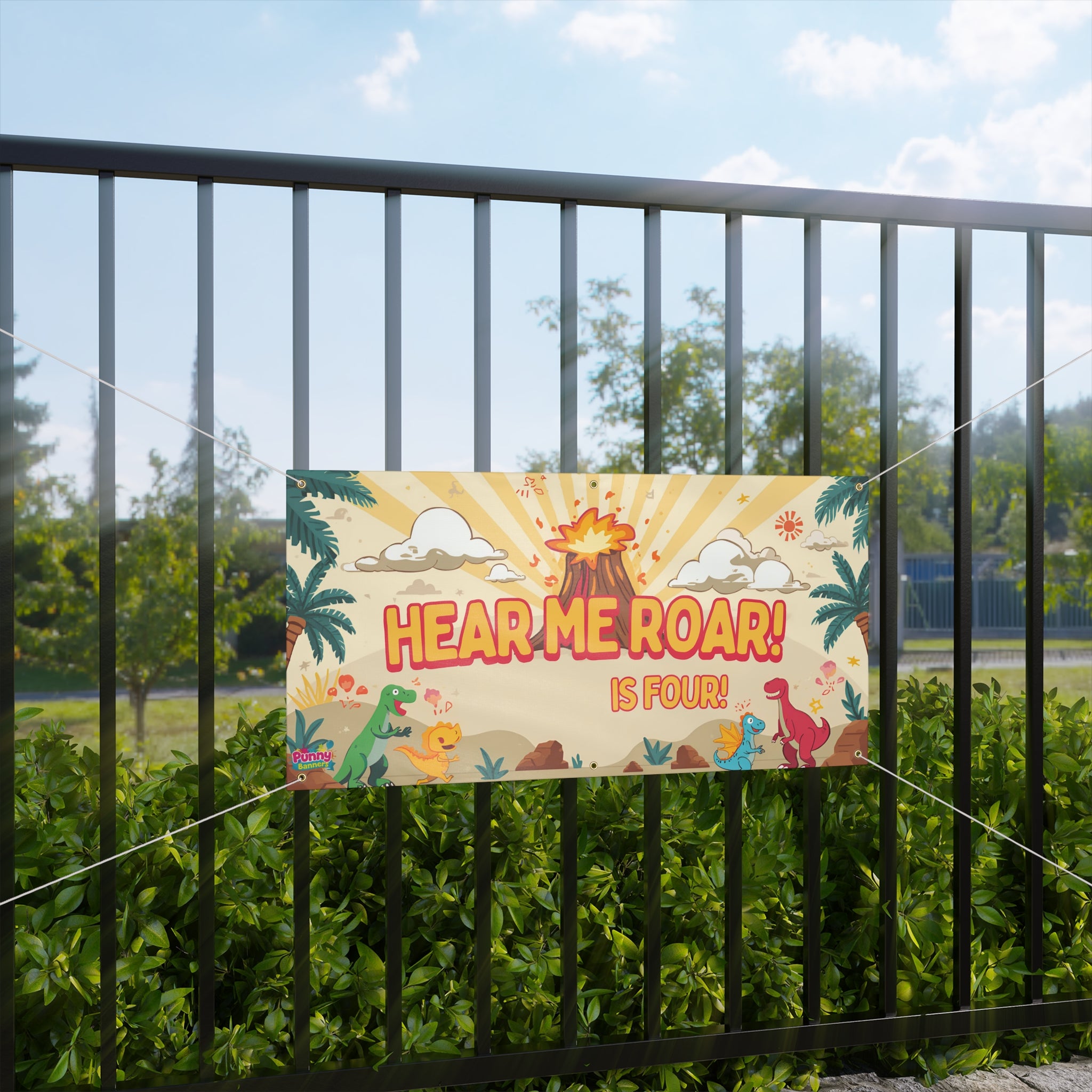 Hear Me Roar! Personalized Is Four! Birthday Banner Dino Volcano Party Decoration