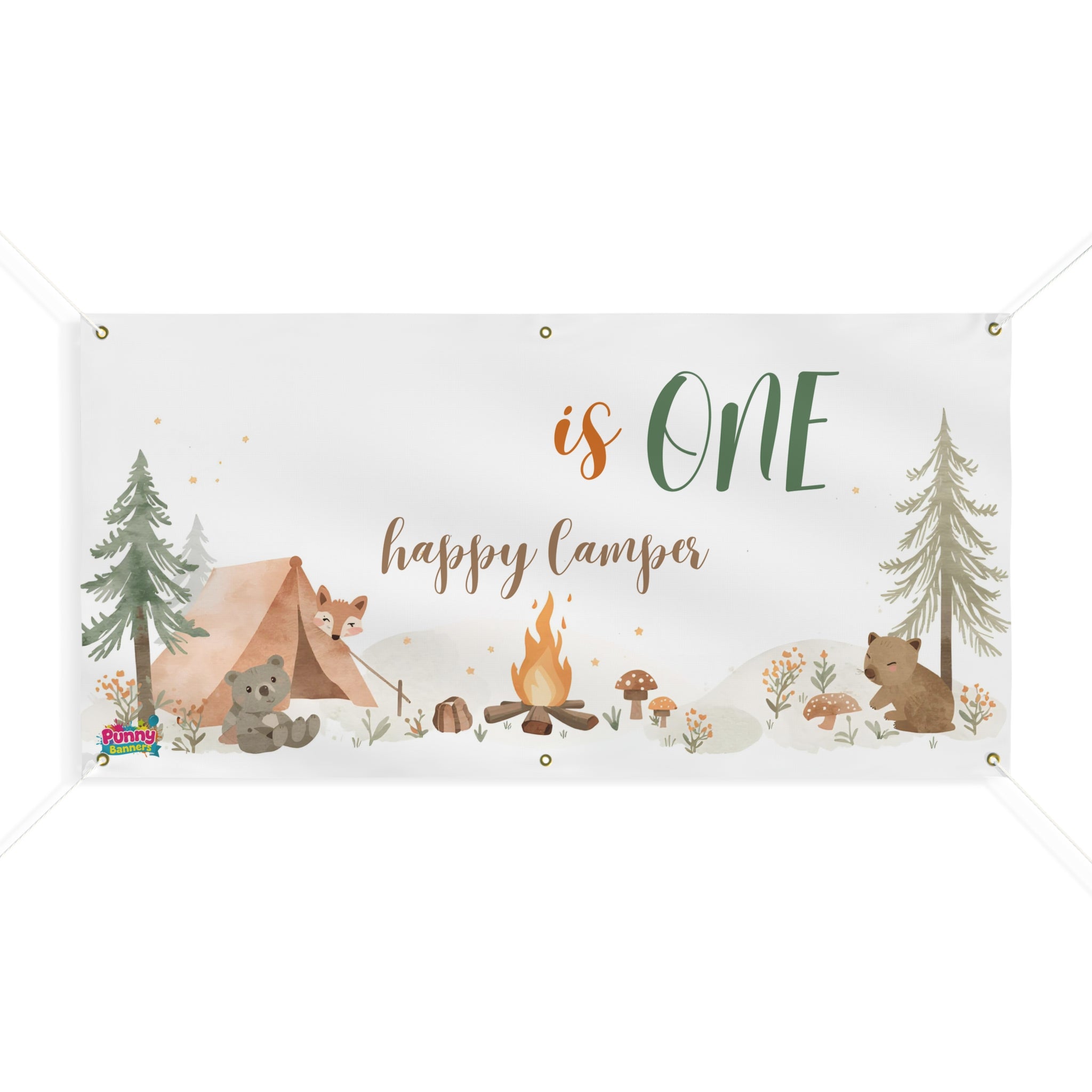 Camping First Birthday Banner "is ONE happy camper" Outdoor Woodland Party Sign