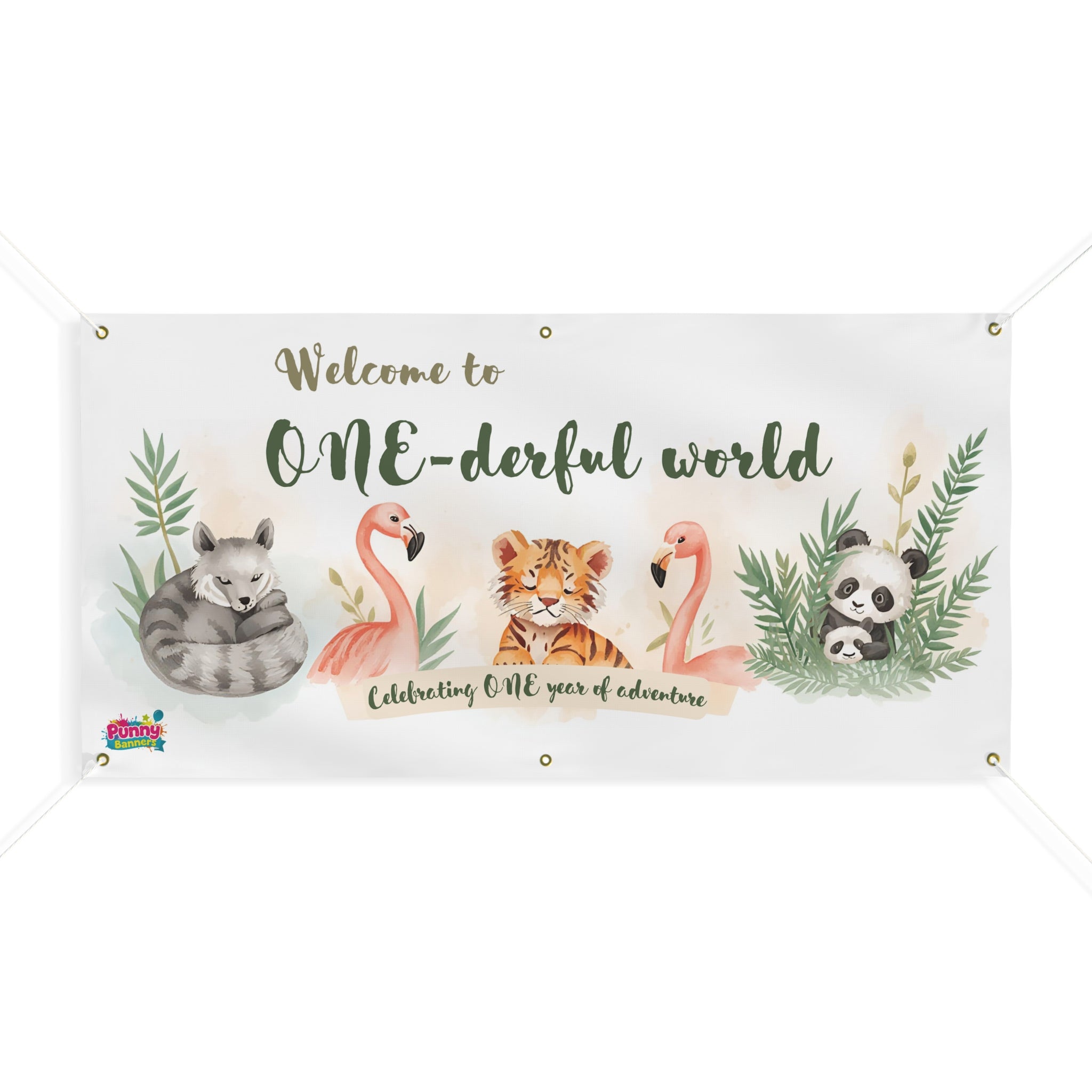 One-derful World First Birthday Banner — Cute Jungle Animal Birthday Sign