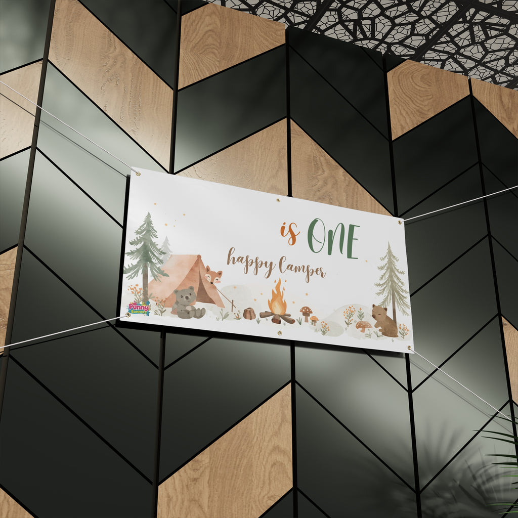 Camping First Birthday Banner "is ONE happy camper" Outdoor Woodland Party Sign