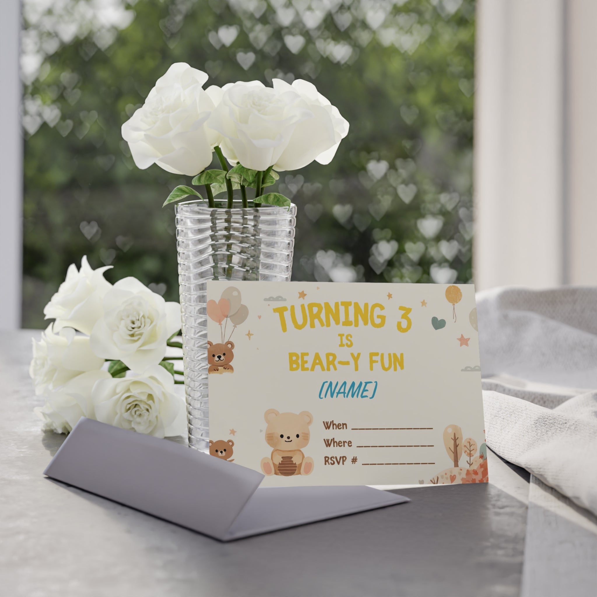 Bear-y Fun Turning 3 Birthday Invitation Card — Personalized Kids Party RSVP