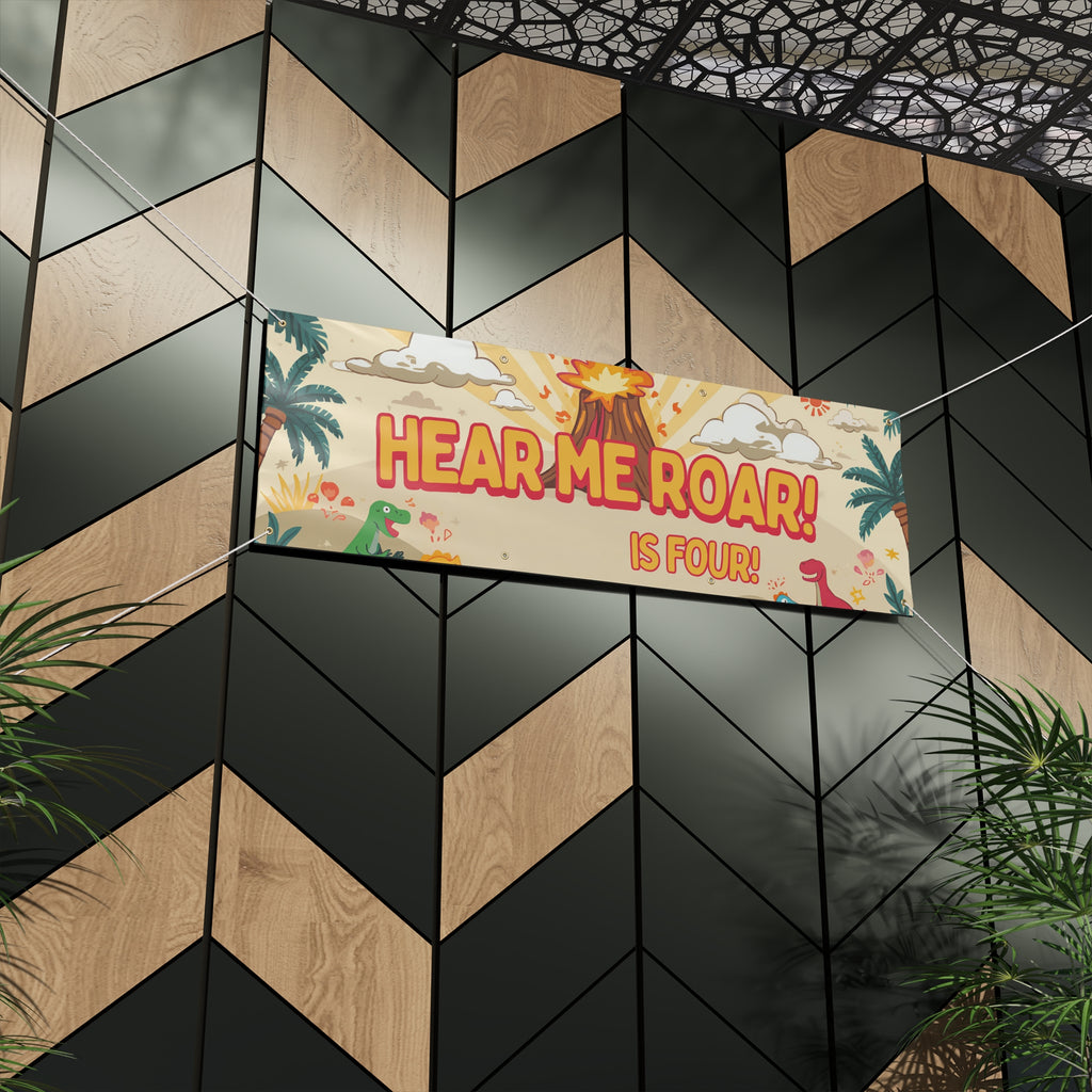Hear Me Roar! Personalized Is Four! Birthday Banner Dino Volcano Party Decoration