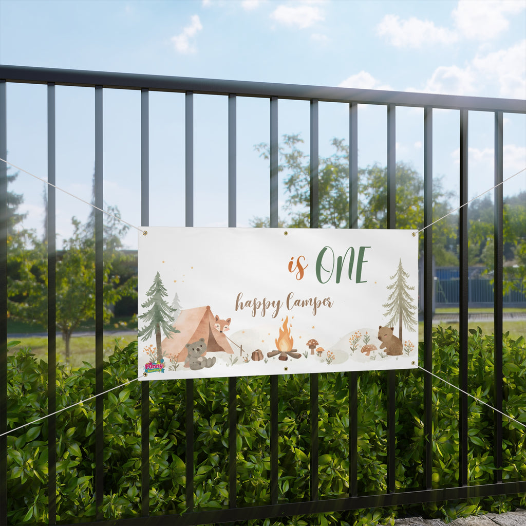 Camping First Birthday Banner "is ONE happy camper" Outdoor Woodland Party Sign