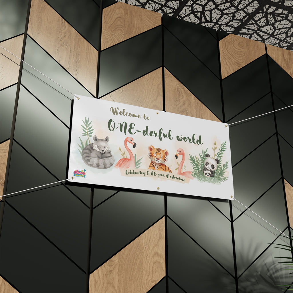 One-derful World First Birthday Banner — Cute Jungle Animal Birthday Sign