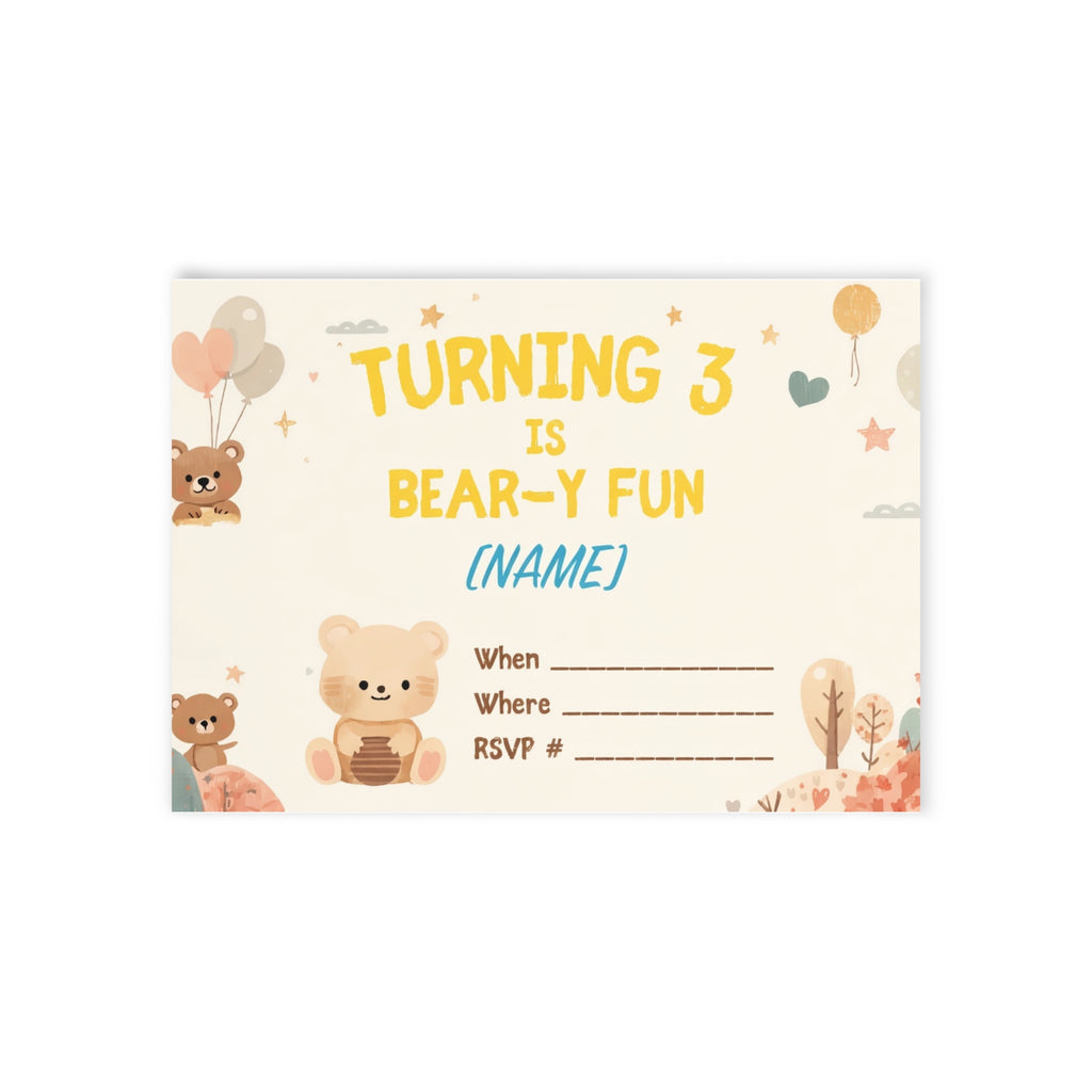 Bear-y Fun Turning 3 Birthday Invitation Card — Personalized Kids Party RSVP