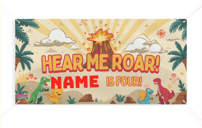 Hear Me Roar! Personalized Is Four! Birthday Banner Dino Volcano Party Decoration