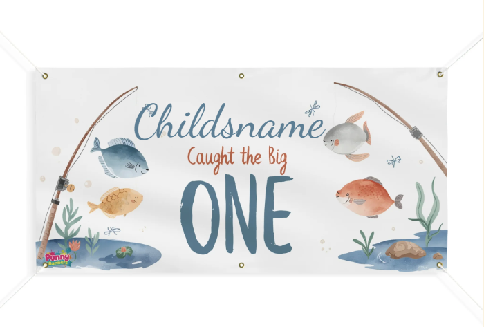 Fishing-Themed Birthday Banner  "Caught the Big ONE" First Birthday Outdoor Sign