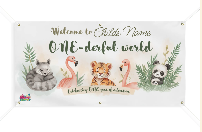 One-derful World First Birthday Banner — Cute Jungle Animal Birthday Sign