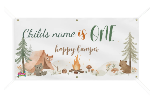 Camping First Birthday Banner "is ONE happy camper" Outdoor Woodland Party Sign